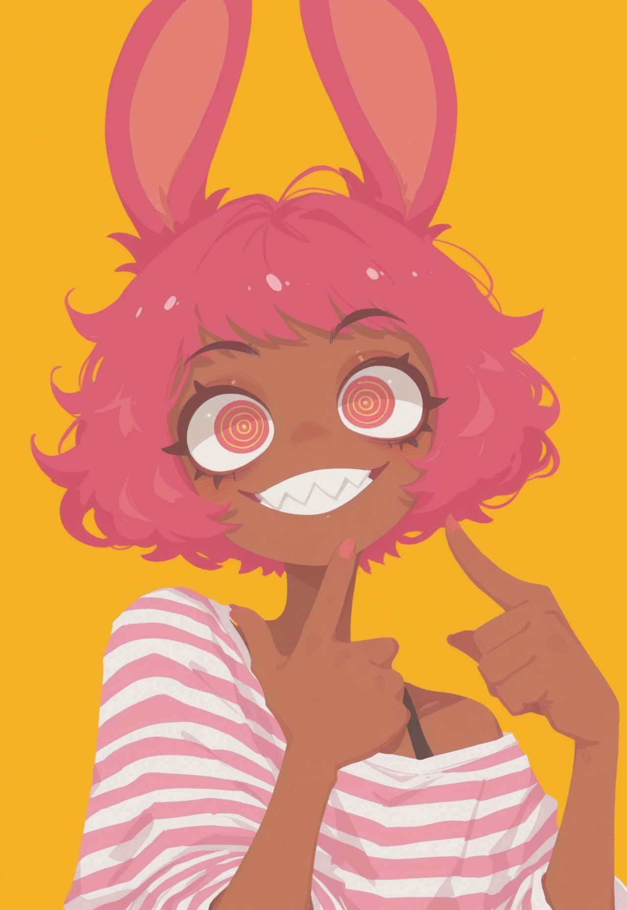 artist:moriimee, G0thicL1nes, portrait, (brown skin), 1 girl, rabbit girl, solo, yellow background, bright pink hair, flirty, flat style, manic eyes, pointing at head,  ringed eyes, big smile, sharp teeth, striped shirt, oversized shirt, bright eyes, short hair, pixie cut, pose, (flat color), (no lineart), 