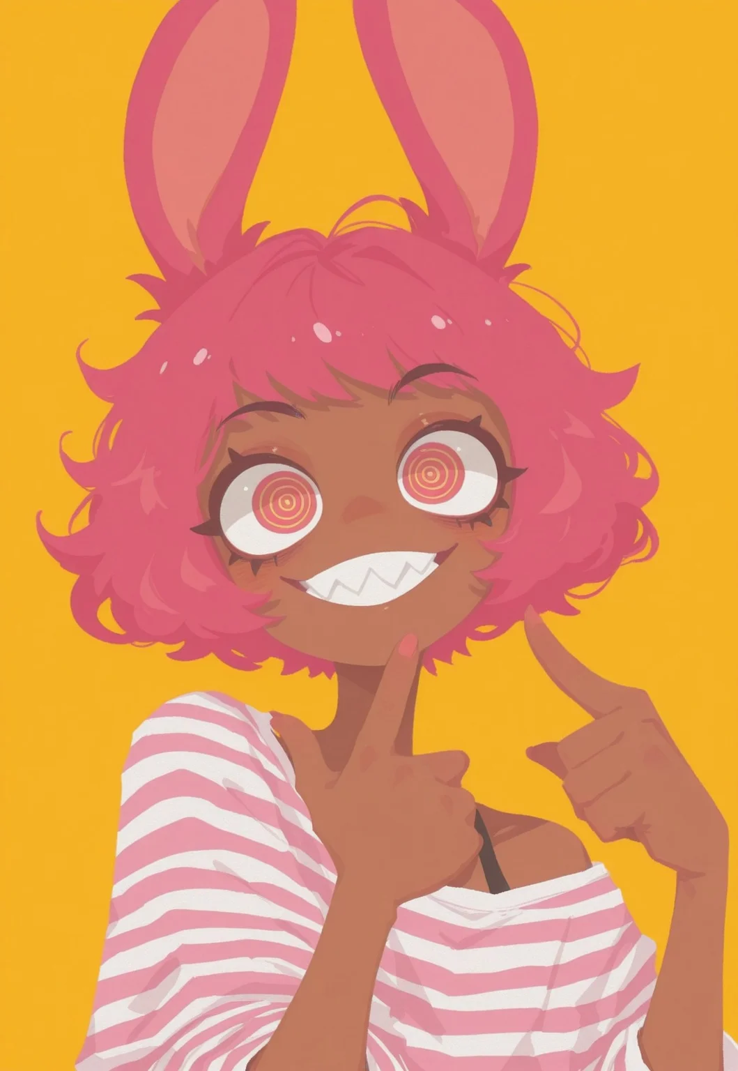 artist:moriimee, G0thicL1nes, portrait, (brown skin), 1 girl, rabbit girl, solo, yellow background, bright pink hair, flirty, flat style, manic eyes, pointing at head, ringed eyes, big smile, sharp teeth, striped shirt, oversized shirt, bright eyes, short hair, pixie cut, pose, (flat color), (no lineart),