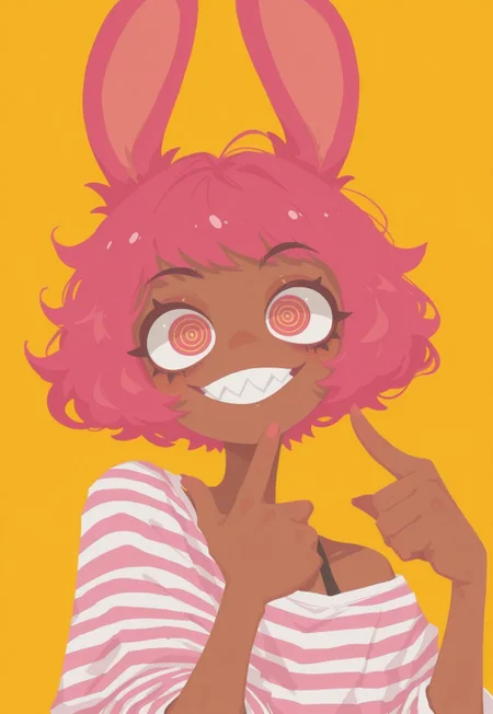artist:moriimee, G0thicL1nes, portrait, (brown skin), 1 girl, rabbit girl, solo, yellow background, bright pink hair, flirty, flat style, manic eyes, pointing at head, ringed eyes, big smile, sharp teeth, striped shirt, oversized shirt, bright eyes, short hair, pixie cut, pose, (flat color), (no lineart),
