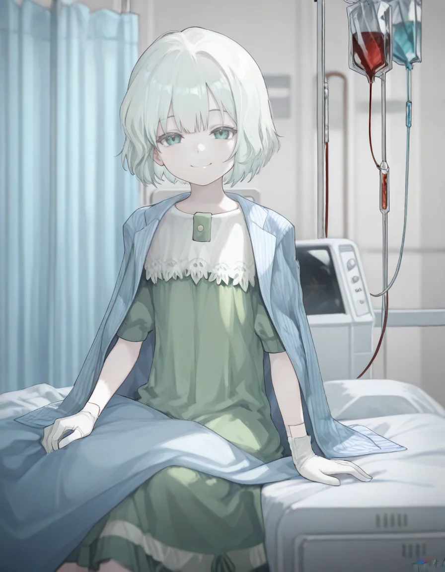 1girl, frail sick girl,happy, sitting, hospital bed, looking at viewer,smile, <lora:CristalloReverse1999:1> (masterpiece, best quality, high quality, highres, ultra-detailed),