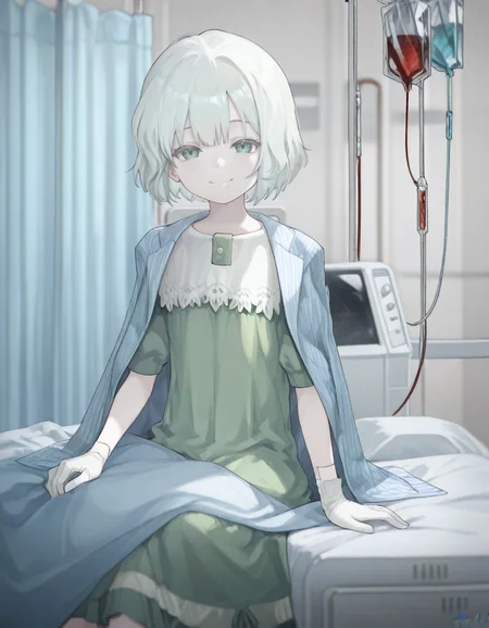 1girl,  frail sick girl,happy, sitting,  hospital bed, looking at viewer,smile,  <lora:CristalloReverse1999:1> (masterpiece, best quality, high quality, highres, ultra-detailed),
