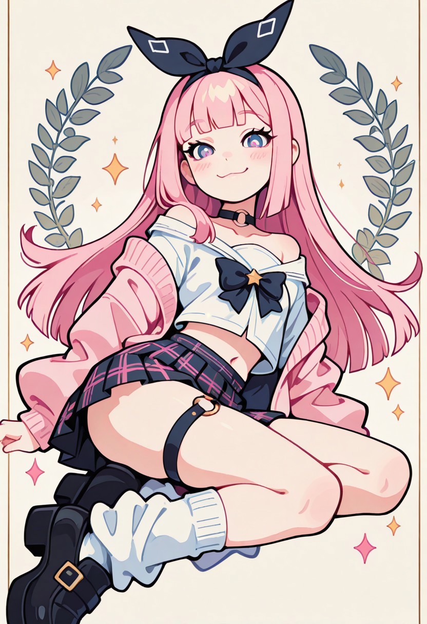 1 girl , solo , blushing , closed mouth , bratty smile , eyelashes , cute , long straight hair , blunt bangs , winking , star , ribbon , hair ribbon , 
slim , slender , navel , 
thigh strap, choker, o-ring choker, pink cardigan, bowtie, white shirt, shirt open, tucked in, plaid skirt, pleated skirt, bare shoulder, white socks, loose socks, black footwear, 
masterpiece, best quality ,amazing quality ,S4bit4mago_illu , Protoneon  ,s0wasow4rt_illu, t1m3r