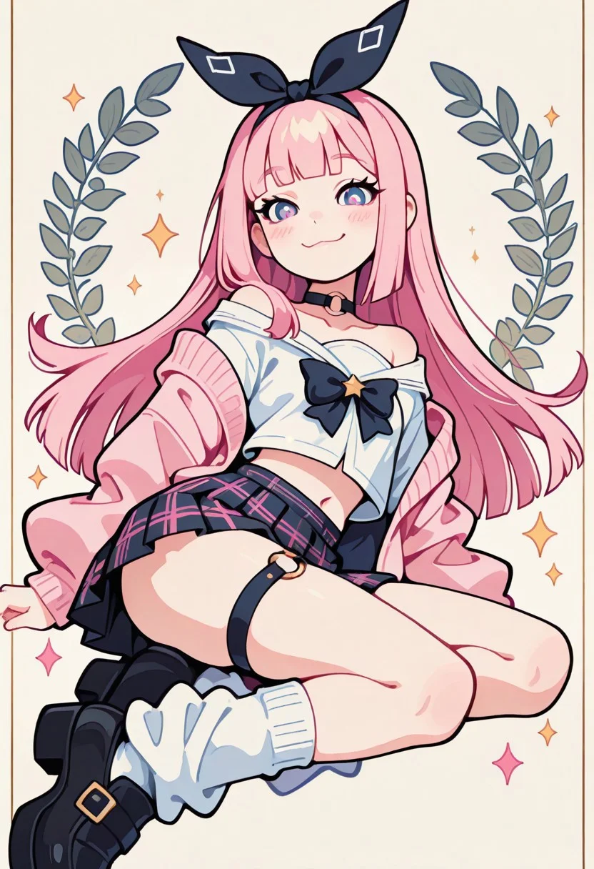 1 girl , solo , blushing , closed mouth , bratty smile , eyelashes , cute , long straight hair , blunt bangs , winking , star , ribbon , hair ribbon ,
slim , slender , navel ,
thigh strap, choker, o-ring choker, pink cardigan, bowtie, white shirt, shirt open, tucked in, plaid skirt, pleated skirt, bare shoulder, white socks, loose socks, black footwear,
masterpiece, best quality ,amazing quality ,S4bit4mago_illu , Protoneon ,s0wasow4rt_illu, t1m3r