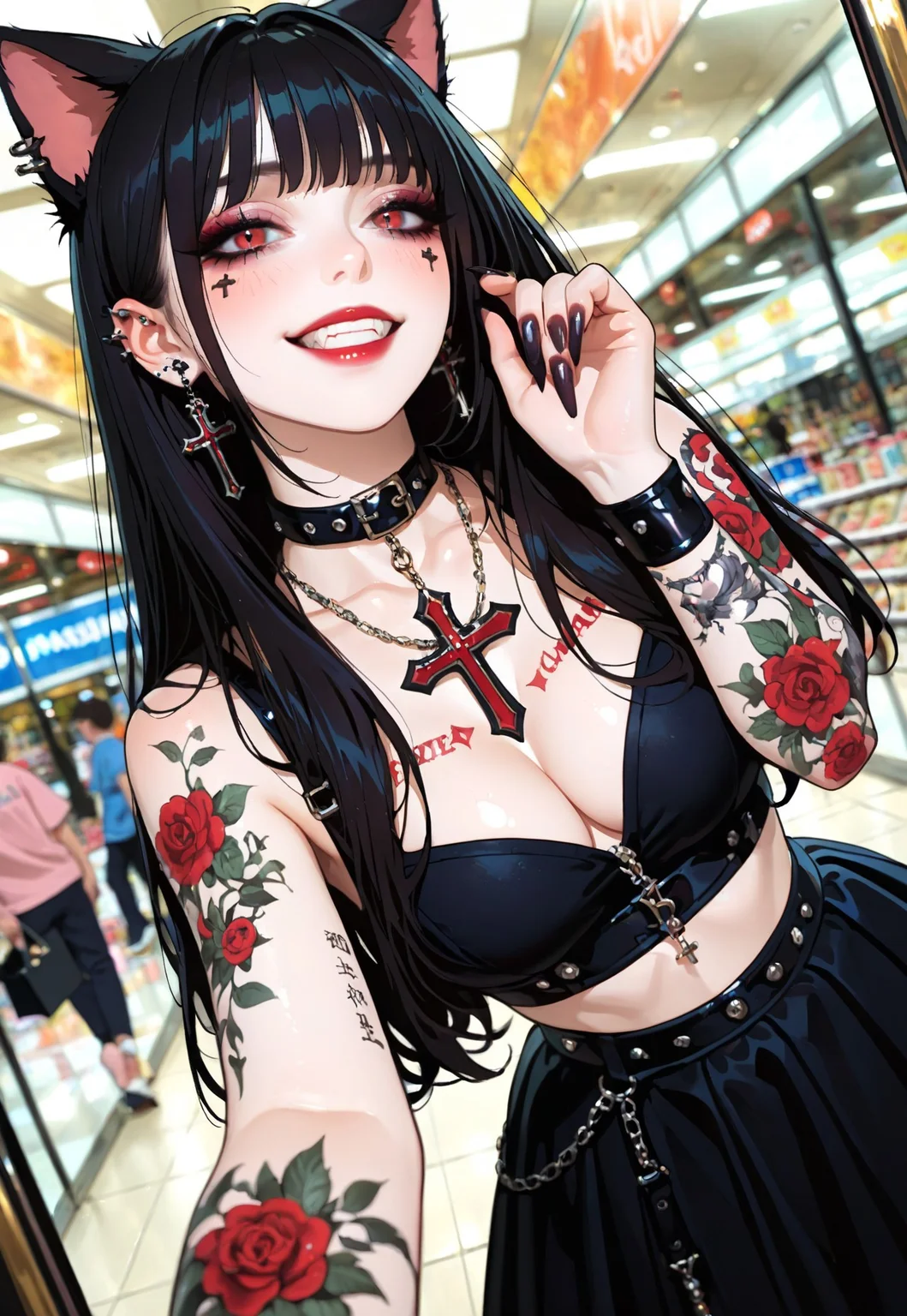 artist_moriimee, very awa, masterpiece, best quality, year 2024, newest, highres, absurdres, 1girl, jewelry, cat ears, solo, tattoo, black hair, earrings, medium breasts, long hair, bangs, makeup, gothic, ear-piercing, red eyes, cross earrings, blush, arm tattoo, shoulder tattoo, red lips, chest tattoo, goth fashion, latin cross, collar, long nails, blurry background, dynamic angle, top, cleavage, gothic, black skirt, shopping mall, selfie, selfie pov, indoors, smiling, teeth, fangs
