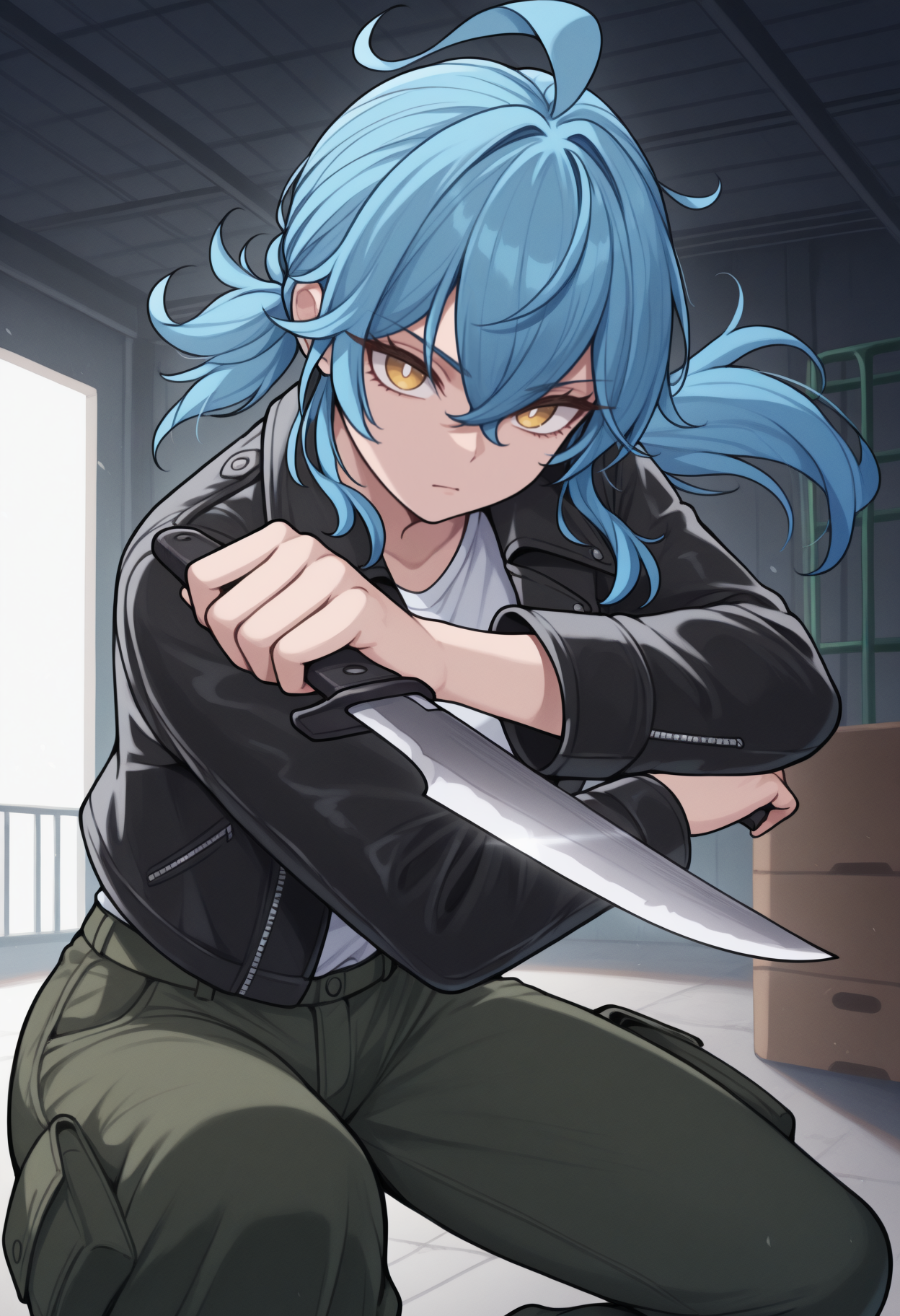 masterpiece, best quality, newest, solo, 1girl, serious, looking at viewer, fighting stance, holding knife, combat knife, reverse grip, long hair, blue hair, hair between eyes, ahoge, low ponytail, yellow eyes, white pupils, black jacket, leather jacket, open jacket, long sleeves, white shirt, green pants, cargo pants, indoors, warehouse
<segment:yolo-Anzhc Face seg 640 v2 y8n.pt,0.4,0.5//cid=1>