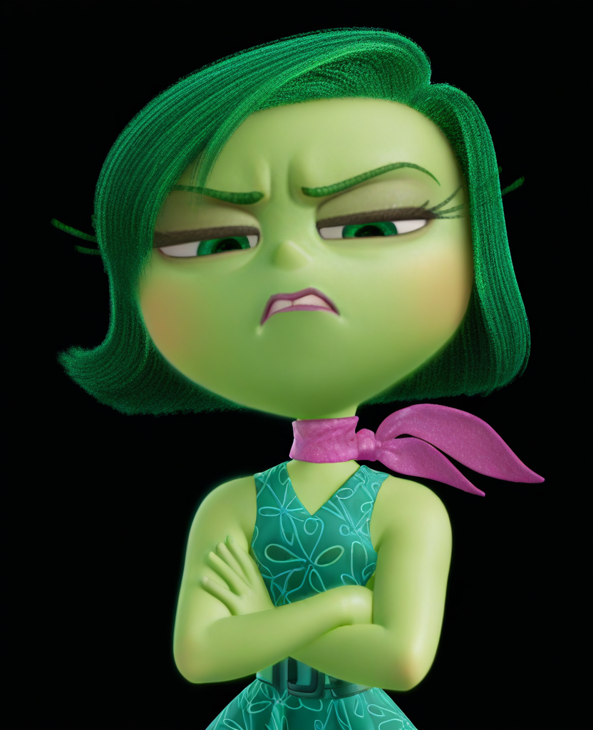 masterpiece, best quality, amazing quality, highres, absurdres, intricate detail, 3d, simple background, black background,  <lora:Disgust_ILLUS_2-000011:1> , disg, 1girl, solo, short hair, dress, bare shoulders, green eyes, green hair, sleeveless, scarf, green skin, looking at viewer, crossed arms, disgust, half-closed eyes,