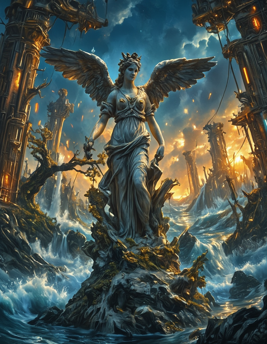 <lora:CW02_Lost_indusin:1> cw02lost, winged victory, marble statue, classical sculpture, hellenistic, dynamic pose, drapery, elegance, historic, female figure, victory, no ceiling, ornate, cyberpunk, golden, intricate, luxury, industrial, steampunk, T10, waves, rocks, broken columns, tortured tree, vegetation, waterfall, ruins, sunset, blue, orange, yellow, brown, wet, broken pipes, hanging wires, vertical neons, epic, flood, rough sea, epic details, epic scale, impressive,