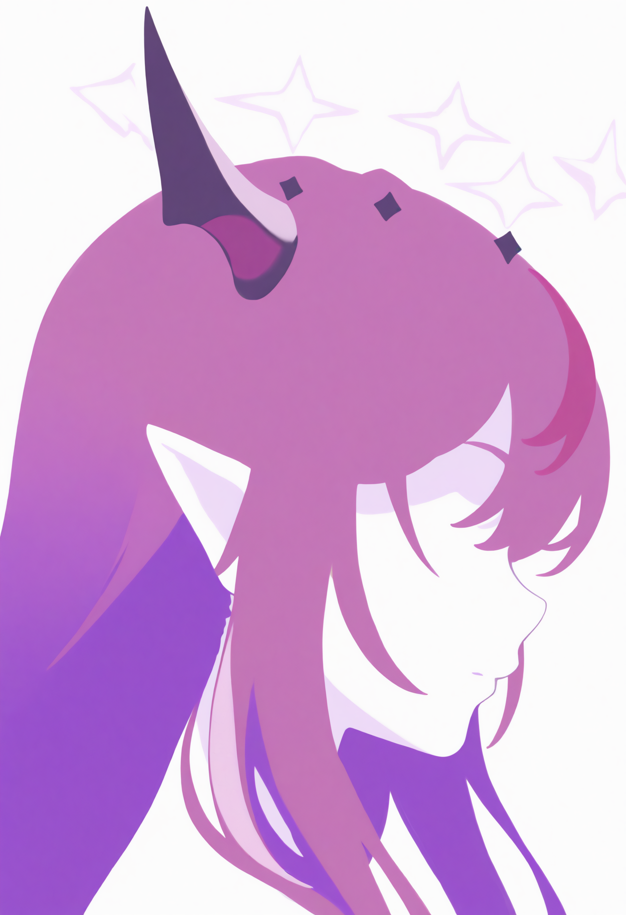 masterpiece, best quality, 1girl, solo, 1RyS, horns, double halo, multicolored hair, purple hair, long hair, vector art, simple background, no lineart, silhouette, portrait, no eyes, from side, <lora:ChamIRySNoob:1>