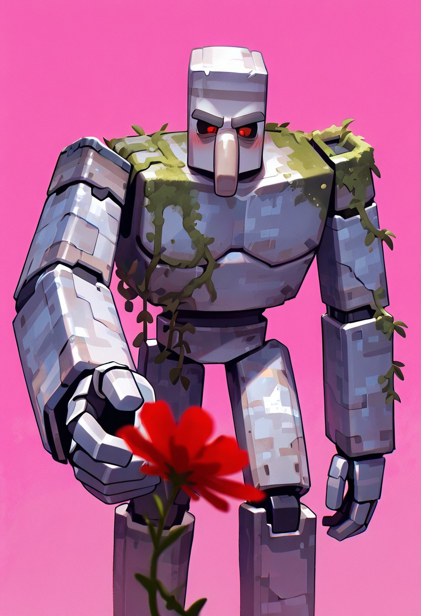 masterpiece, best quality, amazing quality, very aesthetic, absurdres, newest, cinematic, movie scene, foreground blur, 
ironglem, no humans, , black sclera, red pupils,  standing, solo, robot, big nose, long nose, no mouth, plant, grey metal body, vines, mecha, moss, ,  thick gray monobrow, big arms, red pupils, 
holding red flower, reaching out, blushing, pink background,