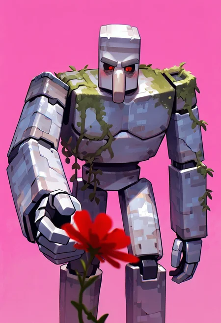 masterpiece, best quality, amazing quality, very aesthetic, absurdres, newest, cinematic, movie scene, foreground blur, 
ironglem, no humans, , black sclera, red pupils,  standing, solo, robot, big nose, long nose, no mouth, plant, grey metal body, vines, mecha, moss, ,  thick gray monobrow, big arms, red pupils, 
holding red flower, reaching out, blushing, pink background,