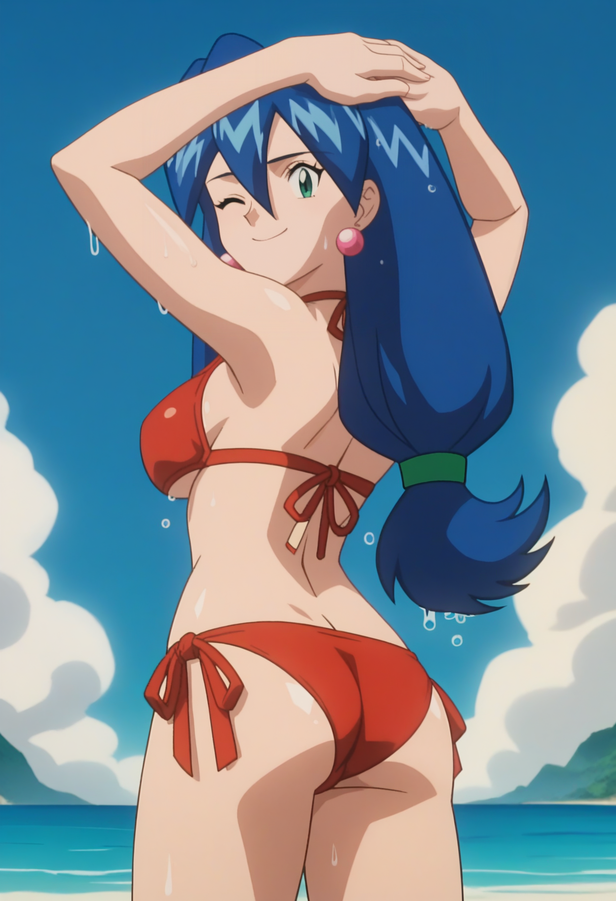 score_9, score_8_up, score_7_up, score_6_up, anime screencap, anime coloring, <lora:PMStella_epoch_10:1>, PMStella, 1girl, solo, blue hair, low-tied long hair, green hair tie, hair between eyes, green eyes, earrings,
red bikini, side-tie bikini bottom, shiny skin, wet,
from behind, ass, ass focus, arms up, one eye closed, looking at viewer, looking back, smile, arms on head, 
BREAK beach, blue sky, sky, sunbeam,