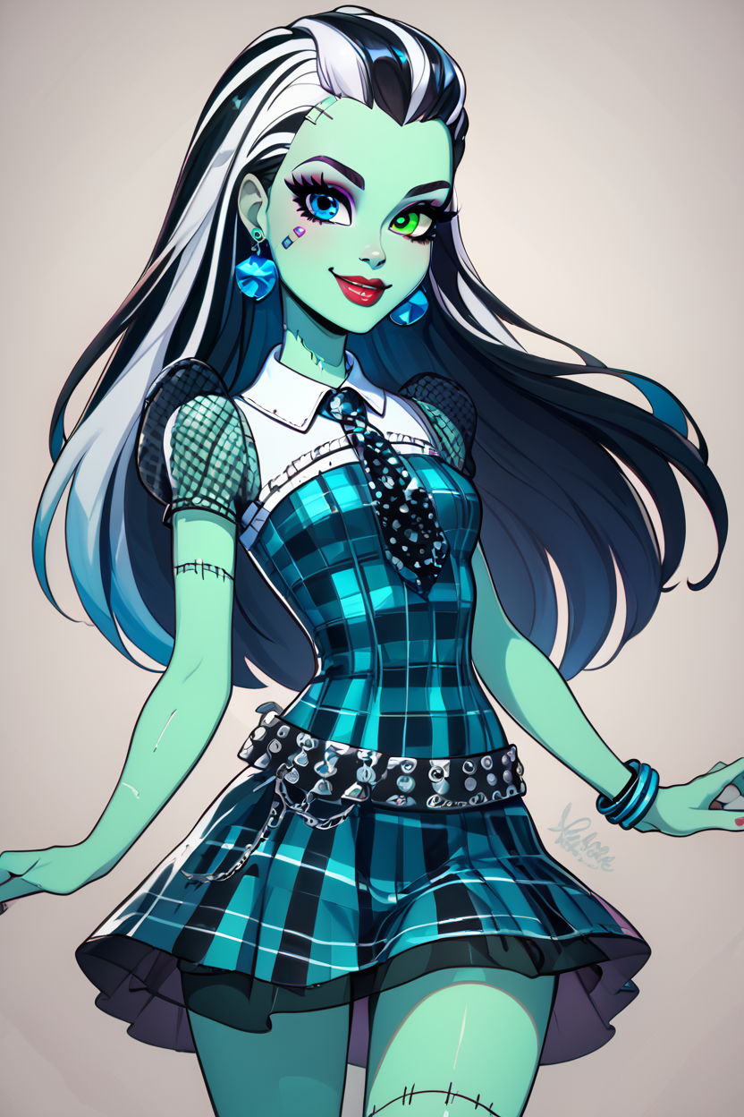 score_9, score_8_up, score_8, medium breasts, (curvy), cute, eyelashes,       BREAK, , zzFrankie, heterochromia, blue eyes, green eyes, multicolored hair, aqua skin, streaked hair, black hair, white hair, long hair,  stitches,  jewelry, earrings, makeup, lipstick, plaid dress, skirt, bracelet, <lora:Frankie_MH_PDXL:1.0>, , BREAK, closed mouth, smile, looking at viewer, zzLFashion, cowboy shot, ,,, embedding:zPDXL, Expressiveh, ,,, <lora:Vivid:0.7>, <lora:LFashionPDXL:1>, <lora:Uncensored_PonyXL_cpt_v02.09:0.4>, <lora:Expressive_H-000001:0.4>,