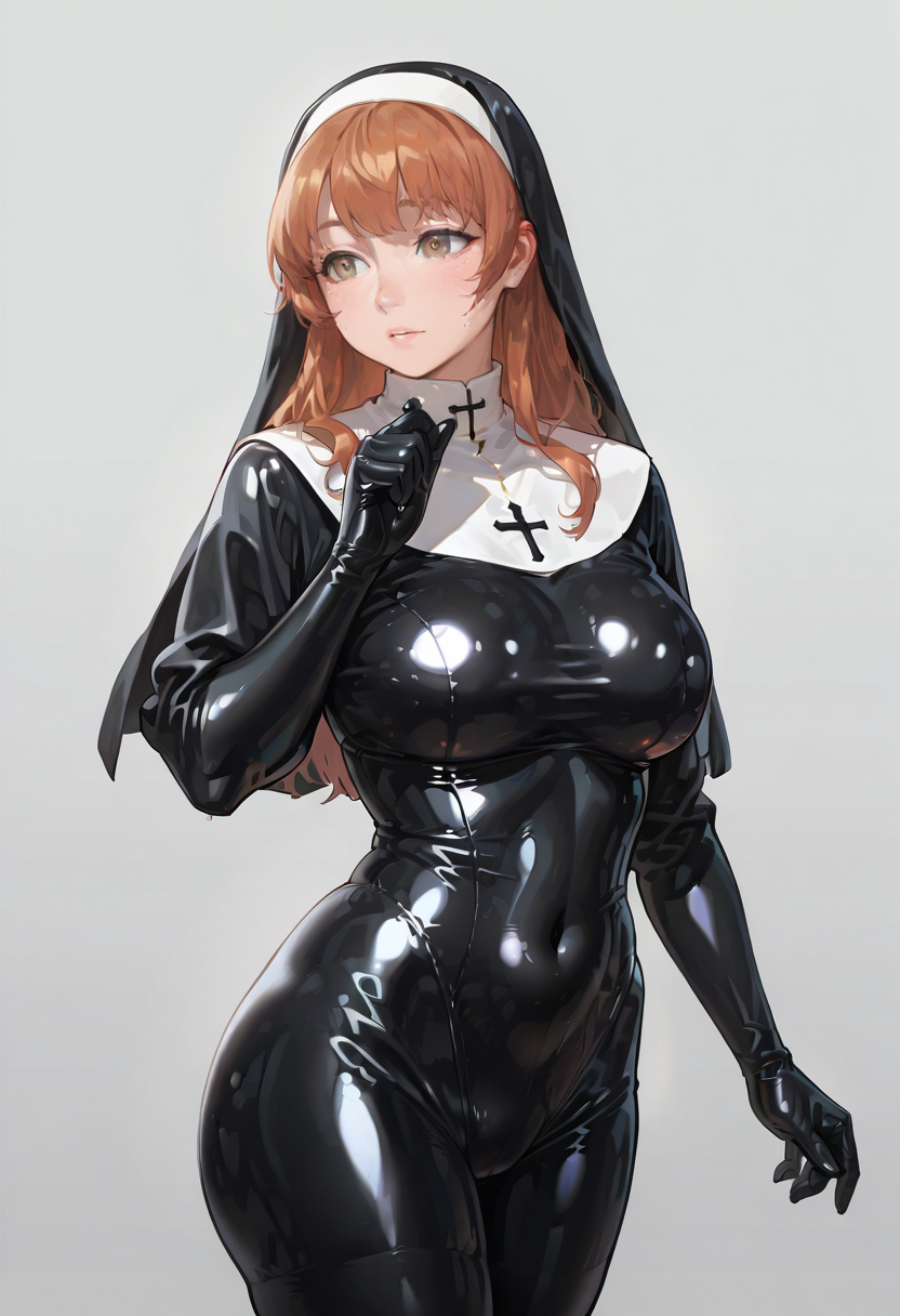 latex bodysuit nun, latex, latex bodysuit, nun, bodysuit, skin tight, black bodysuit, shiny clothes, solo, 1girl,