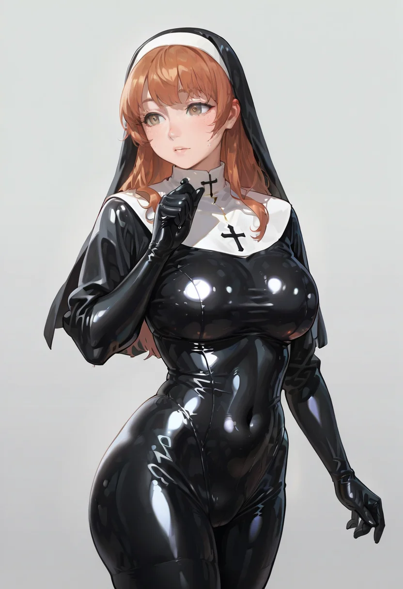 latex bodysuit nun, latex, latex bodysuit, nun, bodysuit, skin tight, black bodysuit, shiny clothes, solo, 1girl,