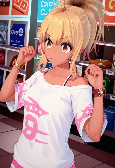 source_anime, score_9, score_8_up, score_7_up, score_6_up, score_5_up, score_4_up, 1 girl, solo, <lora:Chika_Chosokabe_from_LIL_PonyXL:1>, chika, gyaru, blonde hair, ponytail, off shoulder, shirt,, (At the pet store), Striking a power pose with arms raised,