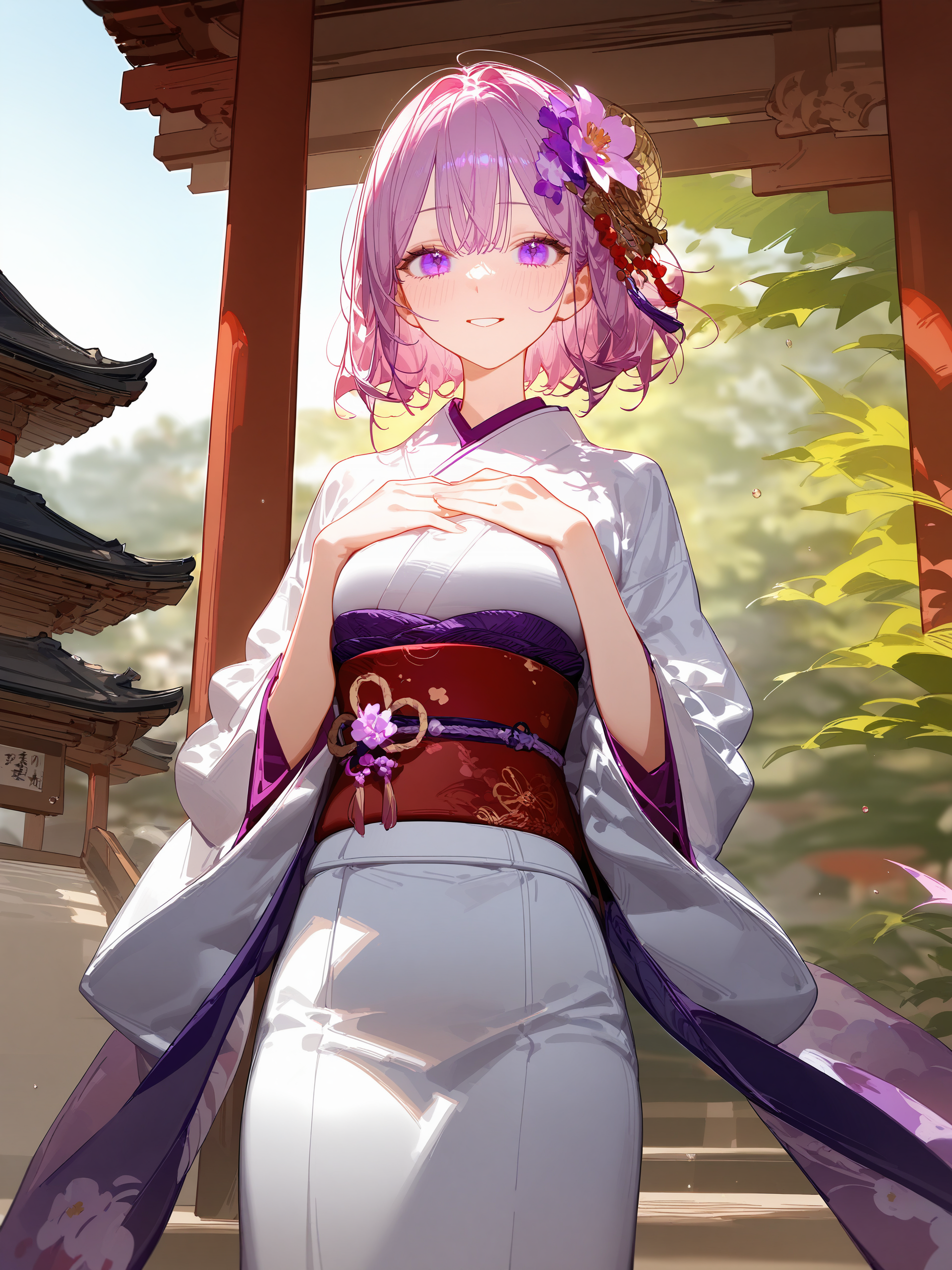 1girl, amaori renako, solo, purple eyes, kimono, hair flower, obi, sash, tabi, standing, cowboy shot, hands on own chest, light smile, east asian architecture, outdoors, blurry background, masterpiece <lora:Char-Amaori_Renako-V1-SDXL:0.9>, illustration, incredibly absurdres, ultra detailed, masterpiece, best quality, perfect features, intricate details, ray tracing, very aesthetic, (hitenkei, askzy:0.4), [<lora:XL-detailed_notrigger:0.95>::0.5], [:<lora:XL-aesthetic_anime:1.2>:0.5]