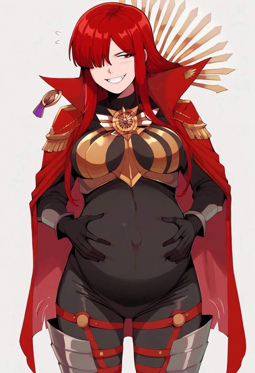 score_9, score_8_up, score_7_up, lewdlemage, pregnant, 1girl, solo, 0daavgr, red hair, hair over one eye, red eyes, large breasts, family crest, oda uri, red cape, collared cape, popped collar, armor, black bodysuit, medallion, black gloves, armored boots, standing, smug, grin, hands on belly, covered belly,