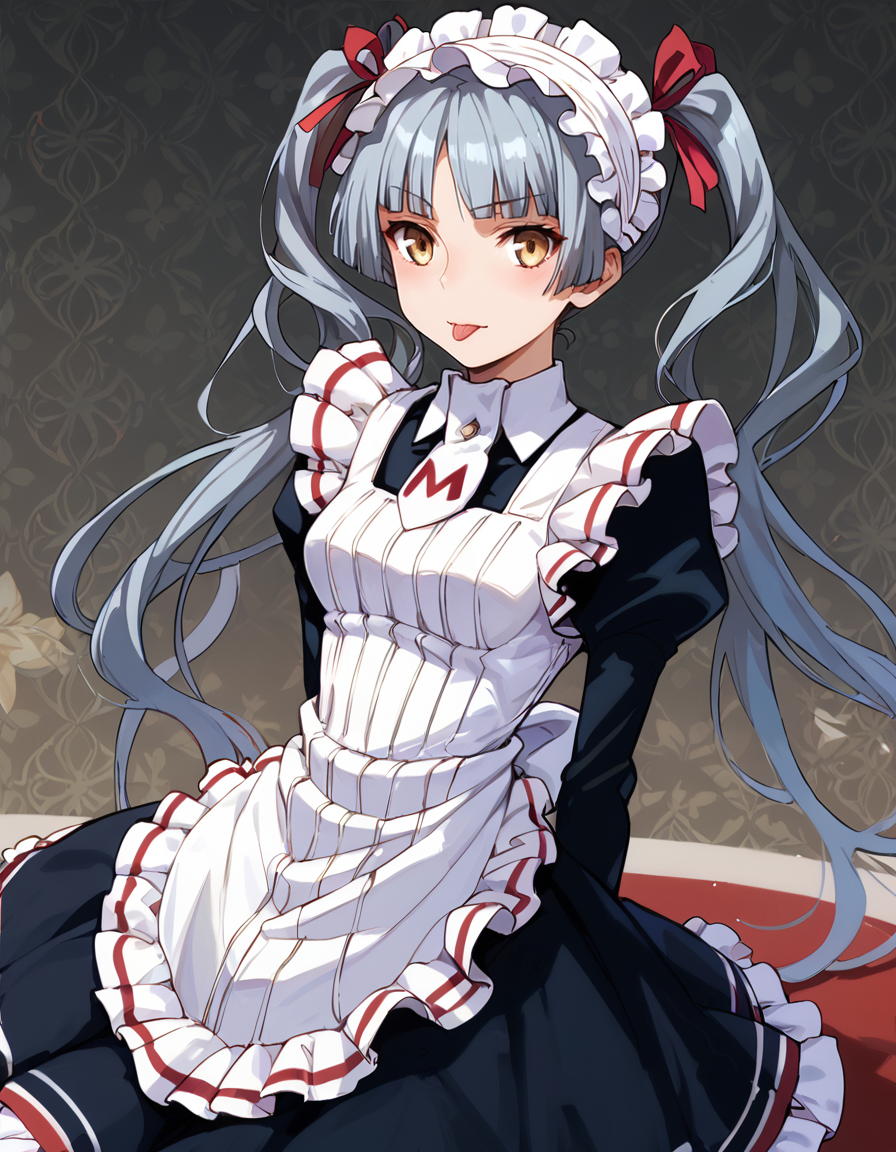 (PonyXLV6_Scores), source_anime, medium breasts, arm behind back, blush, tongue, tongue out, raised eyebrows, <lora:MatsurikaShinouji_v1:1>, shinouji matsurika, maid headdress, maid apron, yellow eyes, grey hair, twintails, hairband, bloomers, ribbon, [petite:skinny:8], patterned background
