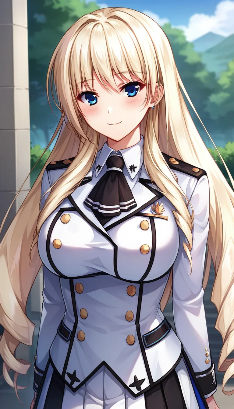 score_9,score_8_up,masterpiece,best quality,correct anatomy,anime_source,1girl,solo,perfect eyes,perfect arms,perfect legs,perfect face,outdoors,upper body,(portrait:1.5),looking at viewer,facing viewer,smile,blush,Silveria Leodiehl,very long hair,blonde hair,hair intakes,drill hair,sidelocks,bangs,blue eyes,uniform,black ascot,white jacket,double-breasted,white shirt,long sleeves,large breasts,miniskirt,white skirt,frilled skirt,pleated skirt,zettai ryouiki,black thighhighs,loafers,white footwear,<lora:Silveria Leodiehl(uq)-Pony:1.2>,