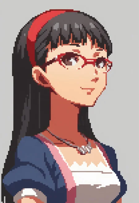 score_9, score_8_up, detailed, absurdres, extreme_quality, anime style, portrait, upper body portrait, slight side angle, medium breasts, rpg portrait, rpg, portrait, , shadow, plain background, light grey background, , upper body focus, face focus, looking at viewer, slight smile, p4yukiko, amagi yukiko, long hair, black hair, bangs, hairband, glasses, red-framed eyewear, long hair,p4yukiko-sumcas, necklace, shirt, blue shirt, white camisole, puffy sleeves, short sleeves, skirt, white skirt, long skirt, sandals,