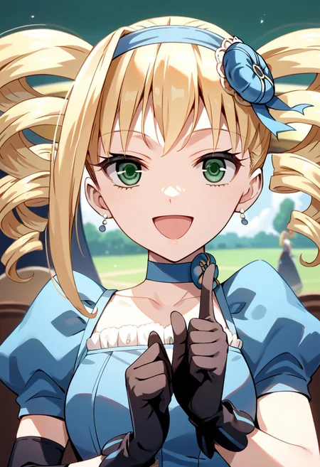 score_9, score_8_up, score_7_up, source_anime, ELIZABETH MIDFORD, DRILL HAIR, TWIN DRILLS, 1girl, solo, long hair, smile, open mouth, blonde hair, gloves, dress, twintails, jewelry, green eyes, hairband, earrings, choker, black gloves, elbow gloves, drill hair, pointing