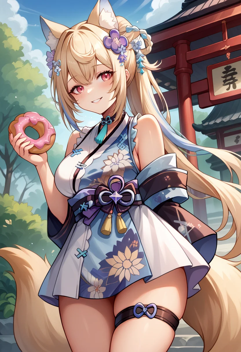 score_9, score_8_up, score_7_up, source_anime, 1girl, solo, FuwawaNewYears, long hair, ponytail, streaked hair, kouhaku nawa hair bow, hair flower, spiked choker, neck tassel, tail, blue kimono, floral print, short kimono, sleeveless, single detached sleeve, blue sash, thigh strap, outdoors, shrine, smile, donut, holding food, <lora:ChamFuwawaAbyssgardPonyXL:1>