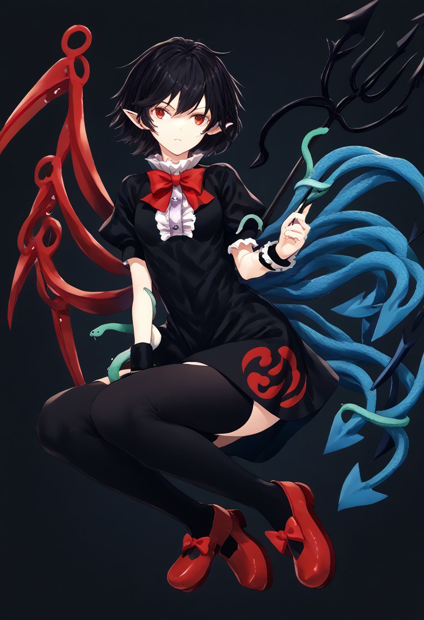 score_9, score_8_up, score_7_up, score_6_up, score_5_up, score_4_up, source_anime, solo, 1girl, 
houjuu_nue,red_eyes,black_hair,short_hair,asymmetrical_wings,red_wings,blue_wings,pointy_ears,black_dress,short_dress,short_sleeves,frilled_dress,tomoe_\(symbol\),center_frills,buttons,red_bowtie,black_thighhighs,mary_janes,red_footwear,footwear_bow,red_bow,zettai_ryouiki,wristband,trident,snake, 
masterpiece, best quality, very aesthetic, absurdres,