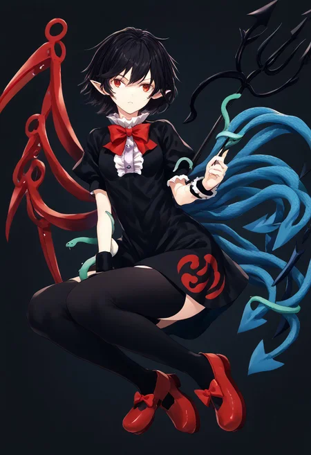 score_9, score_8_up, score_7_up, score_6_up, score_5_up, score_4_up, source_anime, solo, 1girl, 
houjuu_nue,red_eyes,black_hair,short_hair,asymmetrical_wings,red_wings,blue_wings,pointy_ears,black_dress,short_dress,short_sleeves,frilled_dress,tomoe_\(symbol\),center_frills,buttons,red_bowtie,black_thighhighs,mary_janes,red_footwear,footwear_bow,red_bow,zettai_ryouiki,wristband,trident,snake, 
masterpiece, best quality, very aesthetic, absurdres,
