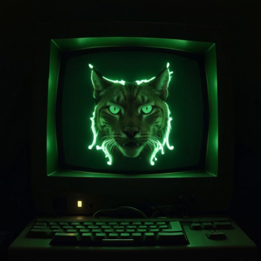 a photo of a eurasian lynx chewing on a cable in front of a green phosphor crt computer terminal, crt monitor, 60s vintage, mainframe computer in the background, reel-to-reel magnetic tape drives, dark lighting, cable mess, cable spaghetti, old technology with knobs and dials, flames and sparks flying everywhere, smoke fills the air, ((((mntnnc_md_plz_stand_by))))