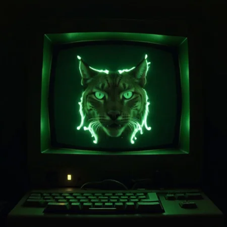 a photo of a eurasian lynx chewing on a cable in front of a green phosphor crt computer terminal, crt monitor, 60s vintage, mainframe computer in the background, reel-to-reel magnetic tape drives, dark lighting, cable mess, cable spaghetti, old technology with knobs and dials, flames and sparks flying everywhere, smoke fills the air, ((((mntnnc_md_plz_stand_by))))