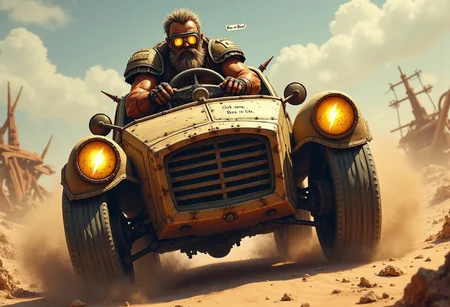 A rugged, dust-covered warrior grips the wheel of a beat-up, armored car, roaring across a wasteland landscape. The car is an intimidating machineâcobbled together with scraps of metal, reinforced windows, and rows of buzz coins welded along the hood as makeshift armor. Its tires kick up clouds of sand and debris as it speeds forward, dodging jagged rocks and twisted remnants of an old highway.
Inside, the driver is decked out in worn leather armor, a spiked shoulder pad on one side, and a pair of cracked goggles that glow faintly with a lightning bolt emblem reflecting on each lens. His gloves are fingerless, revealing scarred, dirt-streaked hands gripping the wheel, and a tattered bandana covers the lower half of his face. Just visible on the dashboard is a handwritten note scrawled on a torn piece of metal: âBuzz or Bust.â
Above him, a speech bubble reads:
âOut here, buzz is life!â
Behind him, a desert filled with twisted metal structures and scorched earth stretches endlessly, while other ragged vehicles can be seen in pursuit. The whole scene feels tense and wild, capturing the desperation and intensity of a wasteland warriorâs hunt for that elusive âbuzz.â