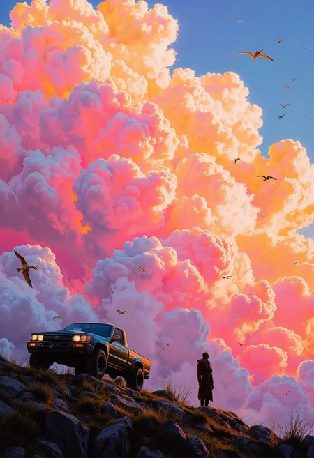 DB4RZ style painting,The image features a serene, scenic landscape at sunset with vibrant pink, orange, and purple clouds filling the sky. A lone figure stands near a vintage Toyota SUV, gazing upwards, perhaps lost in thought, while birds fly in the distance. The scene has a peaceful, contemplative atmosphere, with the warm, glowing colors of the sunset creating a dreamlike quality.<lora:flux1-D\flux.1_lora_flyway_Epic-Characters_v1.safetensors:0.5:1.0> <lora:flux1-D\flux.1_lora_flyway_ink-dynamic.safetensors:0.4:1.0> <lora:flux1-D\flux_realism_lora.safetensors:0.3:1.0>