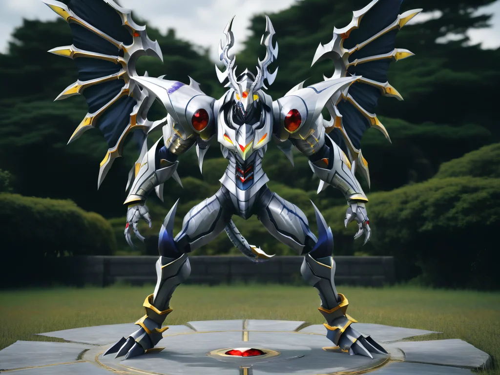 full body,solo,dorugoramon,full body,fighting stance,outdoors,wings,horns,yellow eyes,forehead gem,red gem,raw photo,8k,cinematic shot,realistic,<lora:DORUgoramonXL:0.8>