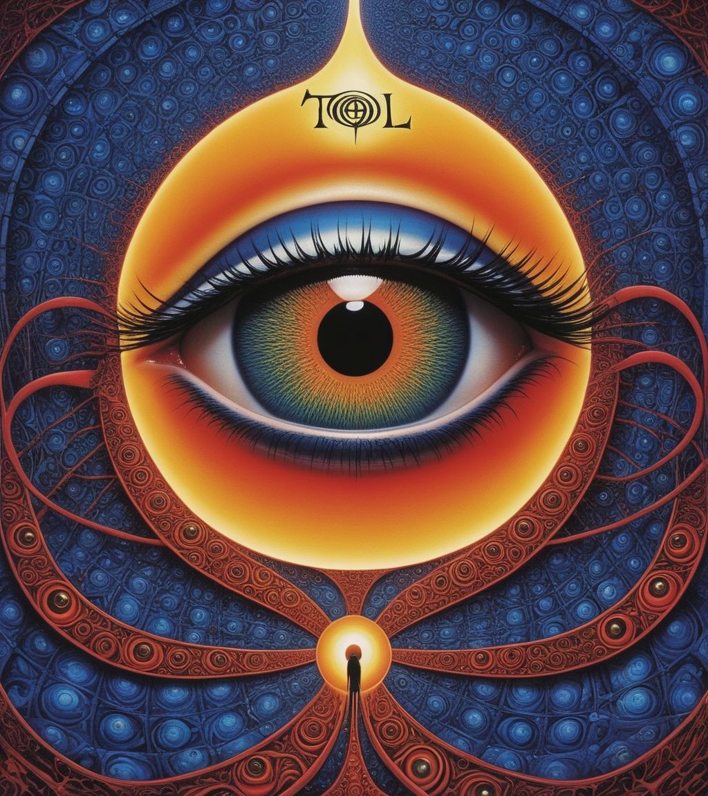 Tool Metal album cover, style by Alex Gray, spiral eye, (write text: "TOOL")