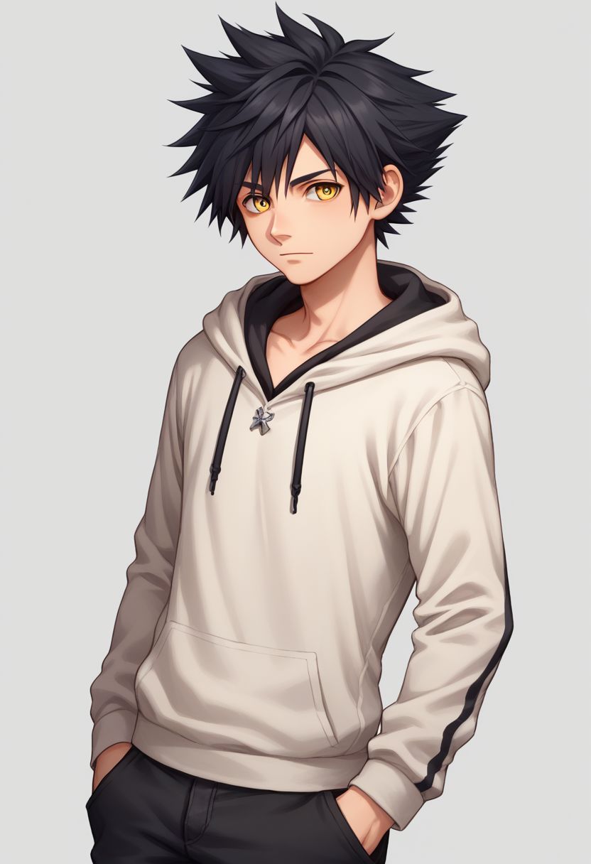 score_9, score_8_up, source_anime, highly detailed, 1boy, solo, male_focus,
vanitas, solo, 1boy, male focus, spiked hair, black hair, yellow eyes, hoodie, pants, shoes, upper body,