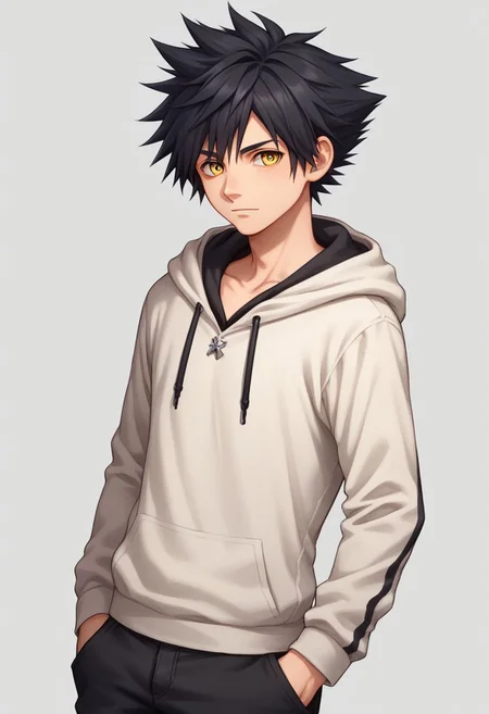 score_9, score_8_up, source_anime, highly detailed, 1boy, solo, male_focus,
vanitas, solo, 1boy, male focus, spiked hair, black hair, yellow eyes, hoodie, pants, shoes, upper body,