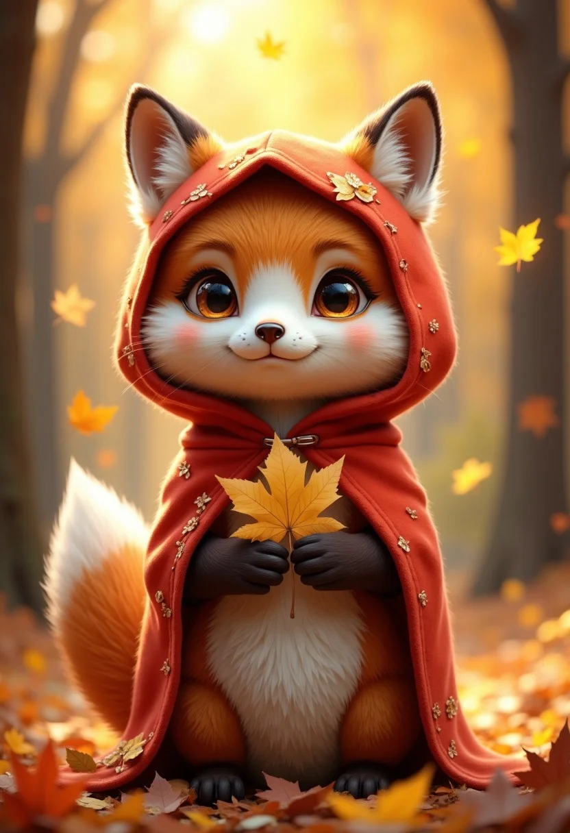 A professional photograph of an adorable anthropomorphic fox, with soft white and orange fur, wearing a red hooded cloak decorated with delicate floral patterns. The fox has a gentle, sweet expression, with large, expressive eyes and a small, subtle smile. It is holding a bright yellow autumn leaf between its paws, while another leaf rests on top of its hood. The background features a warm, golden autumn forest, softly blurred, with sunlight filtering through the trees, creating a magical and serene atmosphere. The fox's cloak and the vibrant fall colors around it create a perfect harmony with the cozy autumn setting