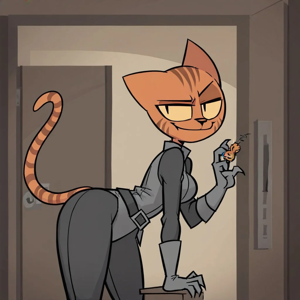 score_9,score_8_up,score_7_up 1girl, Orange ringtail thief using a lockpick on a door, tight bodysuit, cat, yellow sclera, anthro, tail,gray shirt boots and gloves, black thin slit pupils, smiling, smug, bending over, lockpick, picking lock, side view