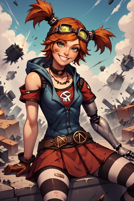 score_9, score_8_up, score_7_up, BREAK , 1girl, solo, looking at viewer, <lora:gaigebl2-guy-v1PONYXL:1>, gaigebl2, goggles on head, twintails, freckles, bandaid on face, single mechanical arm, choker, gloves, belt, skirt, striped pantyhose, hood, necklace, torn clothes, outdoors, sitting, smile, destruction, explosion,