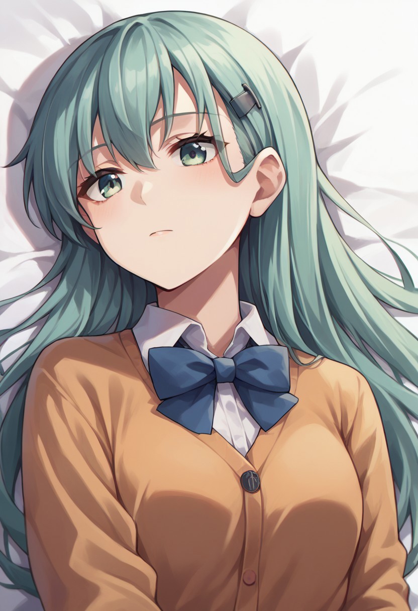 score_9, score_8_up, score_7_up, source_anime, suzuya (kancolle), hairclip, 1girl, solo focus, collared shirt, frills, bowtie, lying, cardigan, upper body