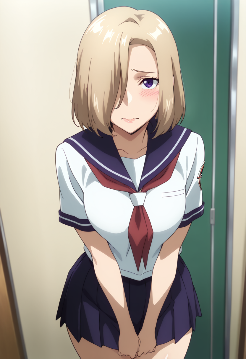 masterpiece, best quality, amazing quality, very aesthetic, absurdres, newest, illustration, perfect composition, intricate details, highres, anime coloring, general, 1girl, solo, (cowboy shot:1.2), rinxx, mature female, purple eyes, blonde hair, short hair, hair over one eye, lips, medium breasts, school uniform, serafuku, sailor collar, neckerchief, short sleeves, miniskirt, v arms, shy, embarrassed, wavy mouth, standing, indoors, looking at viewer, looking up, shiny body, shiny skin, skindentation, clear skin, shiny hair, ultra detailed eyes, depth of field, sharp, intricate details, hyperdetailed, ultra-detailed, detailed clothing folds, high contrast, dynamic light <lora:Suzukaze_Rin_Majestic_Prince_ill:1>