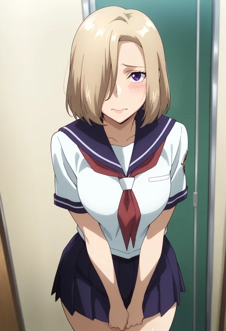 masterpiece, best quality, amazing quality, very aesthetic, absurdres, newest, illustration, perfect composition, intricate details, highres, anime coloring, general, 1girl, solo, (cowboy shot:1.2), rinxx, mature female, purple eyes, blonde hair, short hair, hair over one eye, lips, medium breasts, school uniform, serafuku, sailor collar, neckerchief, short sleeves, miniskirt, v arms, shy, embarrassed, wavy mouth, standing, indoors, looking at viewer, looking up, shiny body, shiny skin, skindentation, clear skin, shiny hair, ultra detailed eyes, depth of field, sharp, intricate details, hyperdetailed, ultra-detailed, detailed clothing folds, high contrast, dynamic light <lora:Suzukaze_Rin_Majestic_Prince_ill:1>