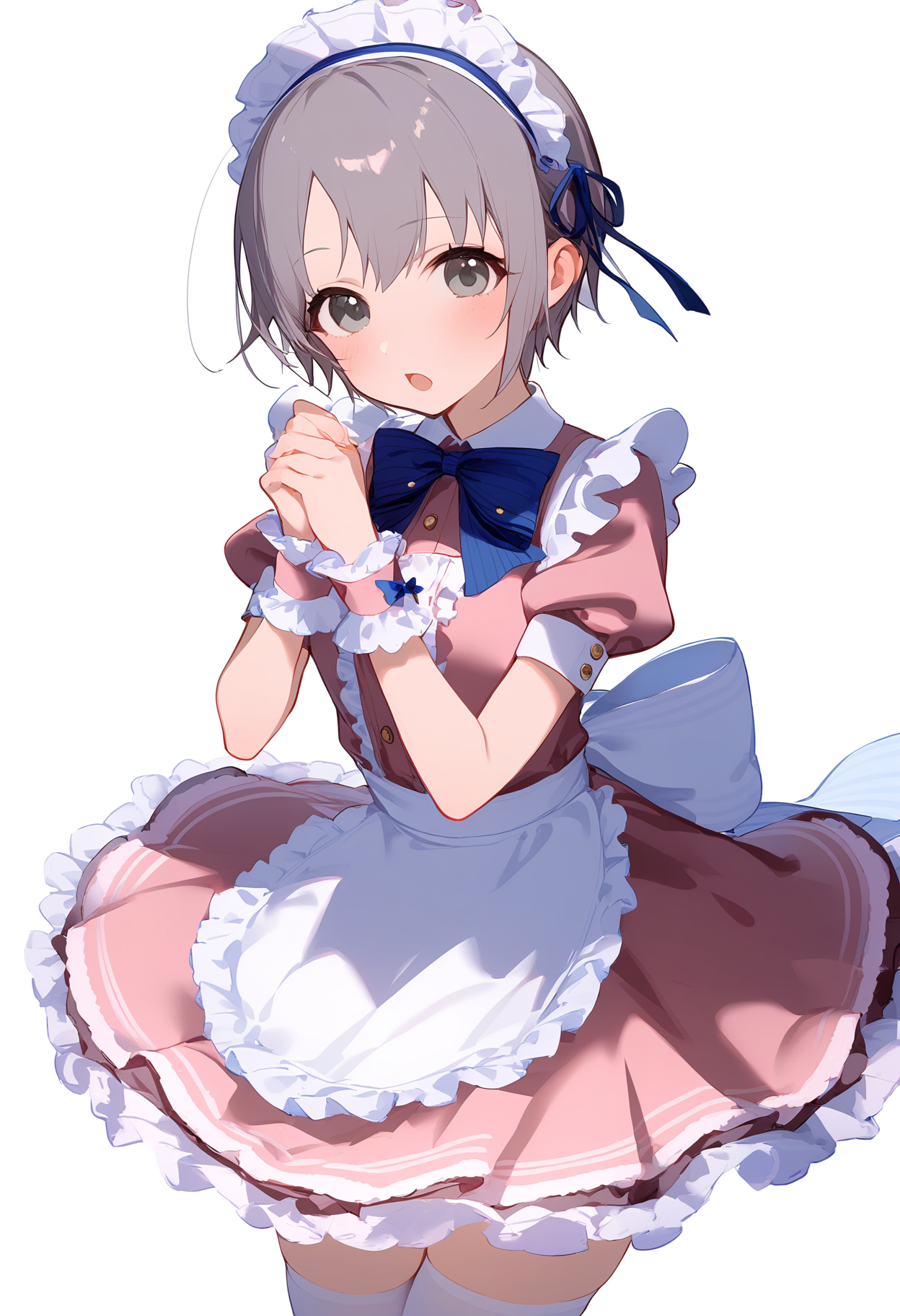 1girl,
otokura yuuki,


solo, looking at viewer, blush, short hair, maid headdress, sleeve cuffs, white thighhighs, pink dress, hands up, puffy sleeves, alternate costume, enmaided, wrist cuffs, bow, thighhighs, bowtie, white background, maid apron, dress, grey hair, frilled dress, frilled apron, maid, simple background, own hands together, blue bow, zettai ryouiki, grey eyes, puffy short sleeves, collared dress, apron, short sleeves, frills, open mouth, blue bowtie,

sfw
<lora:a31_char_new_otokura_yuuki-000022:1> <lora:a31_style_koni-000010:0.8>