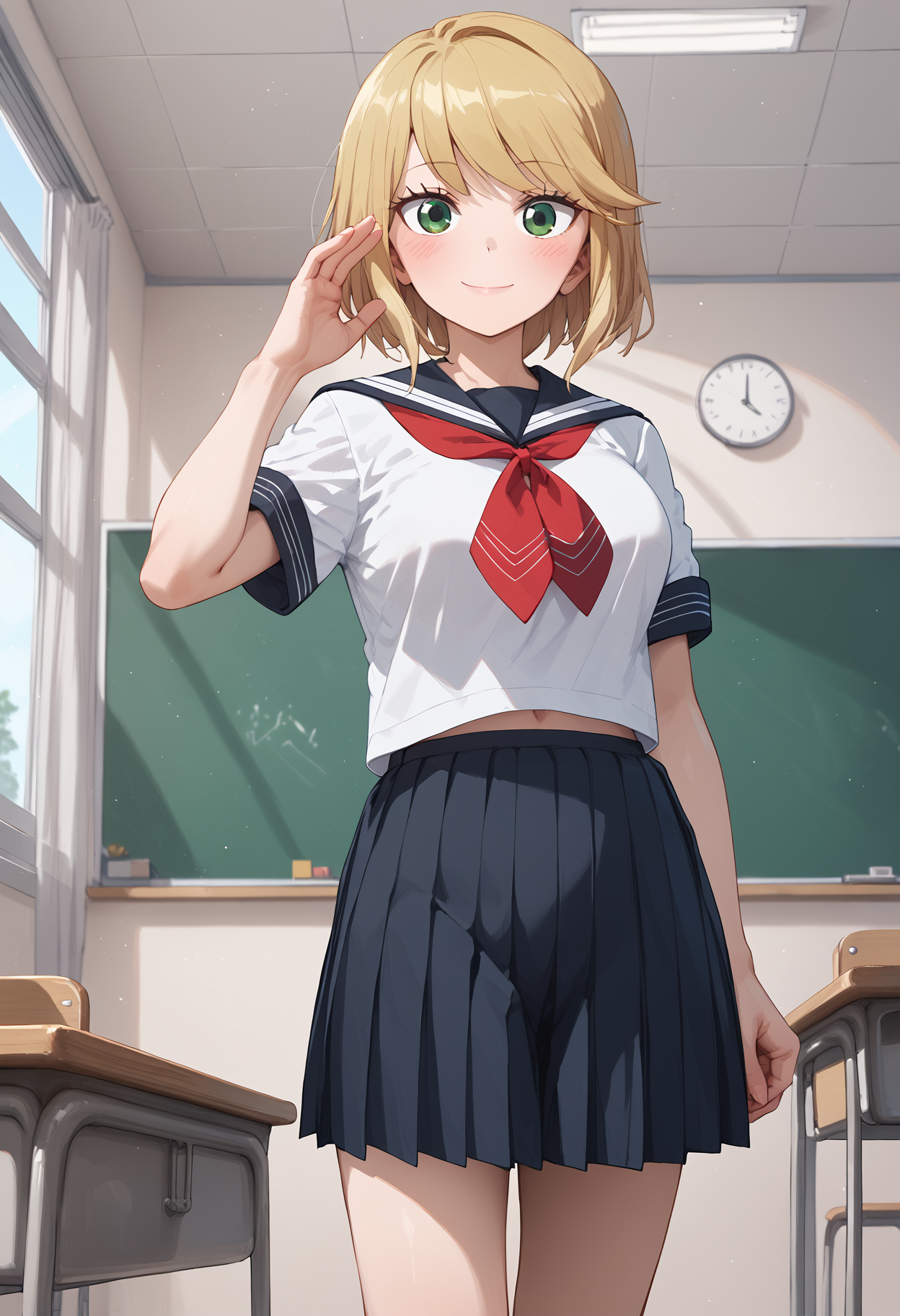 score_9, score_8_up, score_7_up, score_6_up, score_ANIME,desumi, 1girl, solo, blonde hair, green eyes, serafuku, smile, looking at viewer,  pleated skirt, short sleeves, neckerchief, sailor collar, red neckerchief, closed mouth, swept bangs, standing, bob cut  <lora:magahara_desumi_pony2:1>, classroom,  standing,  smile, blush,  large breasts,