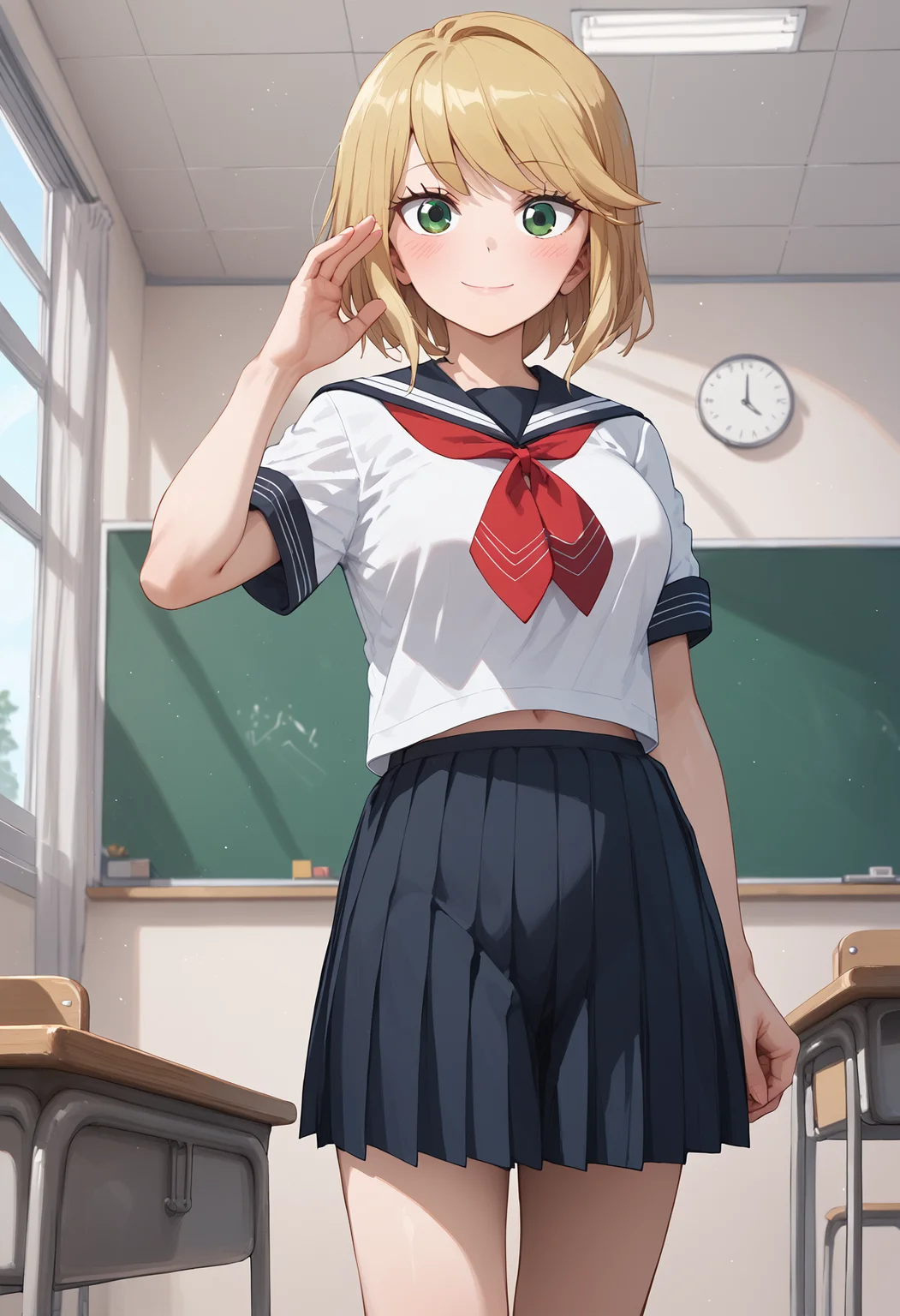 score_9, score_8_up, score_7_up, score_6_up, score_ANIME,desumi, 1girl, solo, blonde hair, green eyes, serafuku, smile, looking at viewer,  pleated skirt, short sleeves, neckerchief, sailor collar, red neckerchief, closed mouth, swept bangs, standing, bob cut  <lora:magahara_desumi_pony2:1>, classroom,  standing,  smile, blush,  large breasts,