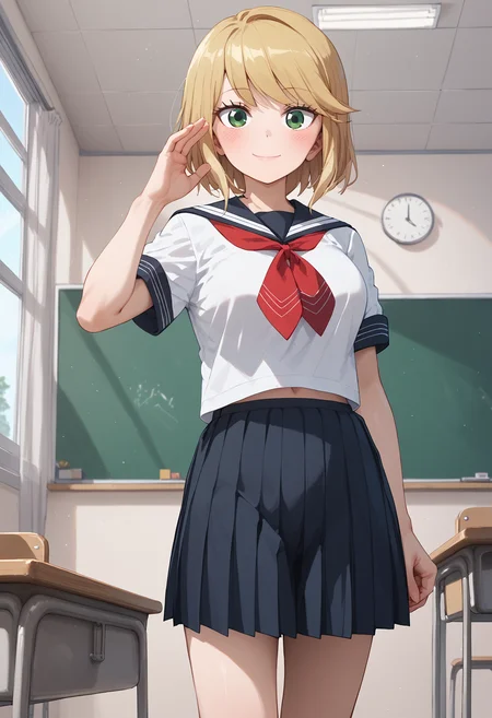 score_9, score_8_up, score_7_up, score_6_up, score_ANIME,desumi, 1girl, solo, blonde hair, green eyes, serafuku, smile, looking at viewer, pleated skirt, short sleeves, neckerchief, sailor collar, red neckerchief, closed mouth, swept bangs, standing, bob cut <lora:magahara_desumi_pony2:1>, classroom, standing, smile, blush, large breasts,