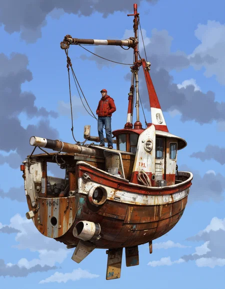By Ian McQue. A digital illustration shoot from below about a stylized illustration of a man standing on top of a rusted ship, suspended in mid-air against a clear blue sky. the ship appears to be a small, rusted vessel with a red and white crane attached to it. the man is wearing a red jacket, blue jeans, and a red hat, and is standing on the stern of the ship. he is facing away from the viewer, with his hands in his pockets, and has a determined expression on his face. on the ship, there is a large, red horn on the top, and various tools and equipment scattered around, including a bucket, a rope, and some pipes. the overall style of the image is reminiscent of post-apocalyptic art, with a focus on the man's rugged appearance and the rustic, industrial setting.