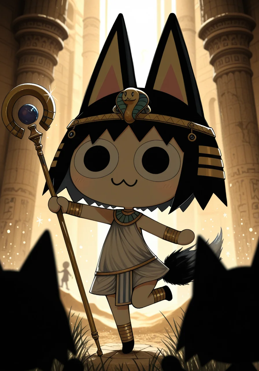 solo focus, (neco-arc, owo:1.2), kemono, chibi, toony, portrait, happy, dancing, white egyptian clothing, sparkles, black hair, one leg up, three-quarter view, [:anon crowd:0.15], looking at another, waving hand, tail, holding staff, silhouette, BREAK, masterpiece, best quality, high quality, animal crossing, by Cottontailtokki, detailed background, detailed foreground, backlighting, depth of field, [:night, egyptian ruins, pillar, grass:0.2]