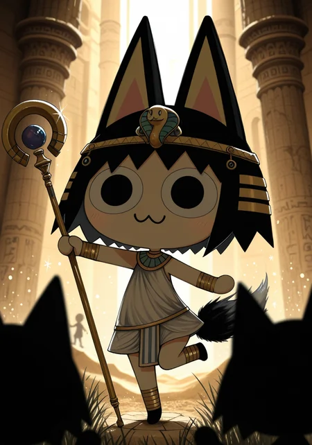 solo focus, (neco-arc, owo:1.2), kemono, chibi, toony, portrait, happy, dancing, white egyptian clothing, sparkles, black hair, one leg up, three-quarter view, [:anon crowd:0.15], looking at another, waving hand, tail, holding staff, silhouette, BREAK, masterpiece, best quality, high quality, animal crossing, by Cottontailtokki, detailed background, detailed foreground, backlighting, depth of field, [:night, egyptian ruins, pillar, grass:0.2]