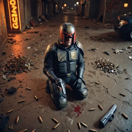 1 man, judge dredd wearing helmet, (on the street), (crawling), on knees, angry, from above, body armor, (holding a big pistol), bullet casings, smoke, graffiti, trash on ground, bullet damage, (blood on ground), bullet holes, dynamic lighting, (dark), (orange neon lights), (night time), (raining), extreme high quality, gritty, jdgdrdd, rubble, explosions,